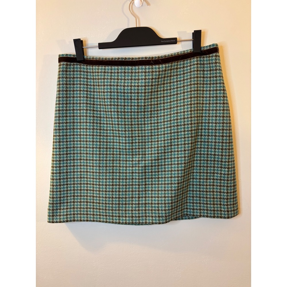 VTG Banana Republic Wool Blend Turquoise & Brown Houndstooth Mini Skirt 14